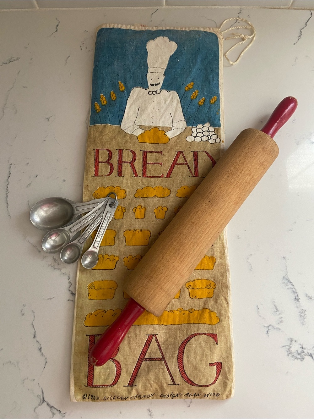 Vintage Rolling Pin Measuring Spoons Bread Bag Baking Set 1983